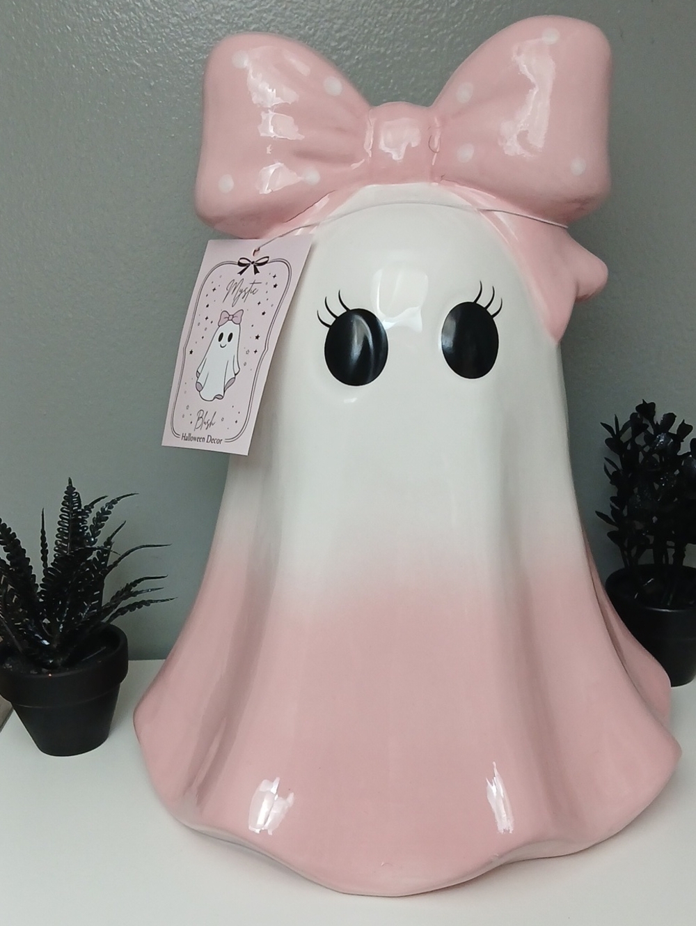 Pink & White Ombre Ceramic Ghost Accent with Bow - Home Accent Decor NWT